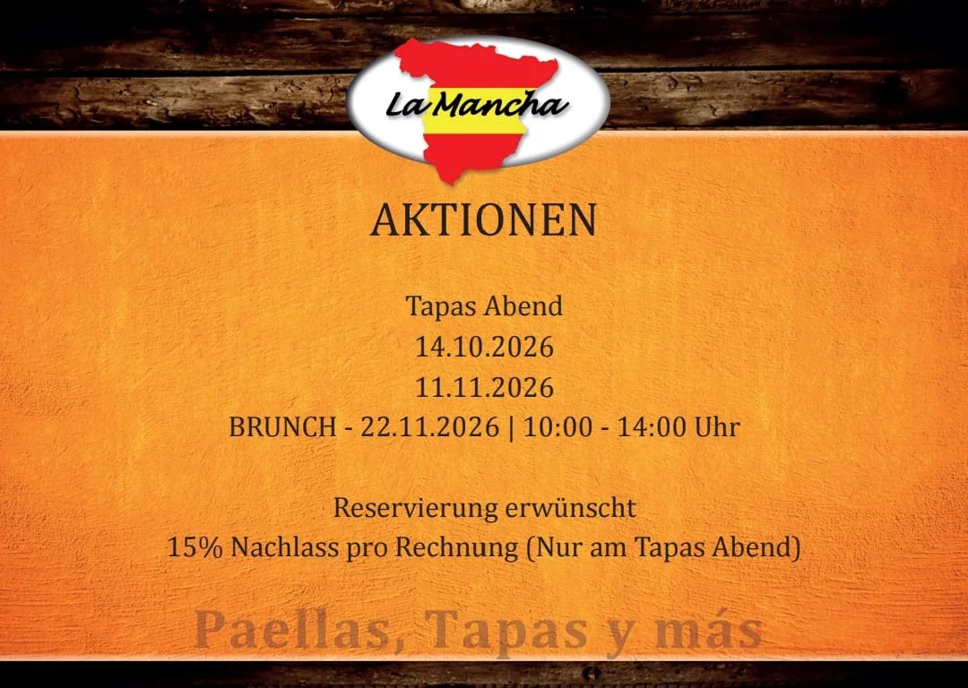 Aktionen im Restaurant La Mancha in Hof: Tapas Abend am 14.10.2026 und 11.11.2026, Brunch am 22.11.2026